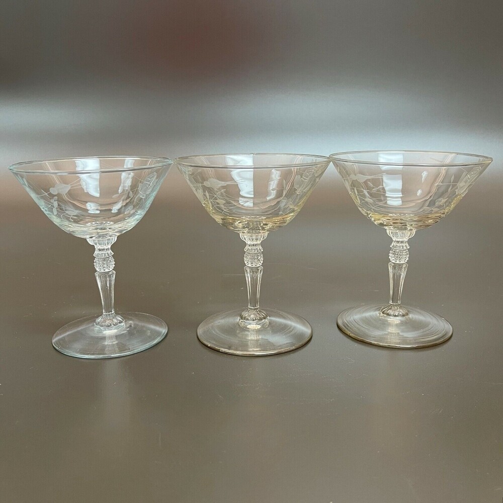 Etched‎ Glass Glasses Stemmed Roses Floral 4 5/8" high Lot of 3
